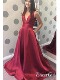 A-line V-neck Satin Long Cheap Red Prom Dresses with Pocket APD3101-SheerGirl