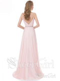 A-line V-neck Spaghetti Strap Beaded Bodice Pink Prom Dresses APD3115-SheerGirl
