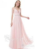A-line V-neck Spaghetti Strap Beaded Bodice Pink Prom Dresses APD3115-SheerGirl
