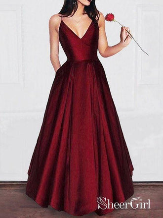 A-line V-neck Spaghetti Strap Burgundy Prom Dresses Long Formal Evening Ball Gowns ARD1081-SheerGirl