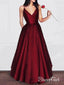 A-line V-neck Spaghetti Strap Burgundy Prom Dresses Long Formal Evening Ball Gowns ARD1081