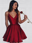 A-line V-neck Spaghetti Strap Burgundy Simple Homecoming Dresses with Pocket APD2544