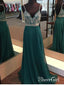 A-line V-neck Spaghetti Strap Chiffon Long Beaded Prom Dresses APD3077