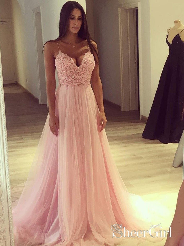 A-line V-neck Spaghetti Strap Pink Long Prom Dresses APD2781-SheerGirl