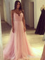 A-line V-neck Spaghetti Strap Pink Long Prom Dresses APD2781