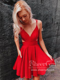 A-line V-neck Spaghetti Strap Red Simple Homecoming Dresses with Pocket ARD2822-SheerGirl