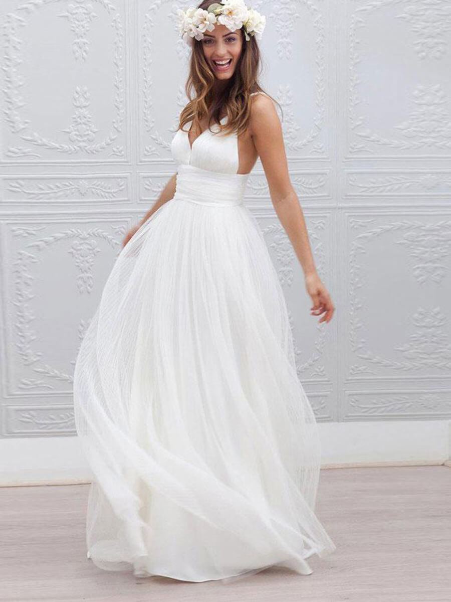V-neck Simple Custom Wedding Dresses, Affordable Wedding Dresses, Beach Wedding Dresses