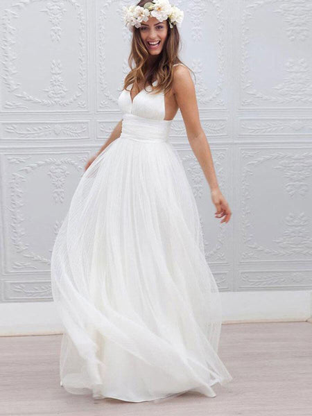 A-line V-neck Spaghetti Strap Simple Cheap Beach Wedding Dresses APD24 –  SheerGirl