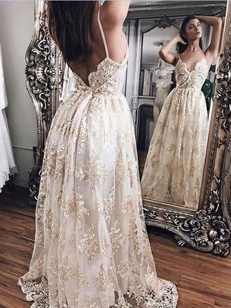 A-line V-neck Spaghetti Strap Vintage Lace Wedding Dresses,apd2674-SheerGirl