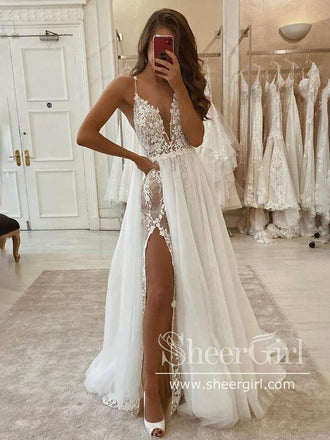 A-line V-neck Spaghetti Straps Lace Bohemian Wedding Dress with Detachable Tulle Train AWD1829-SheerGirl