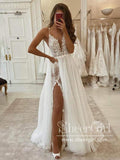 A-line V-neck Spaghetti Straps Lace Bohemian Wedding Dress with Detachable Tulle Train AWD1829-SheerGirl