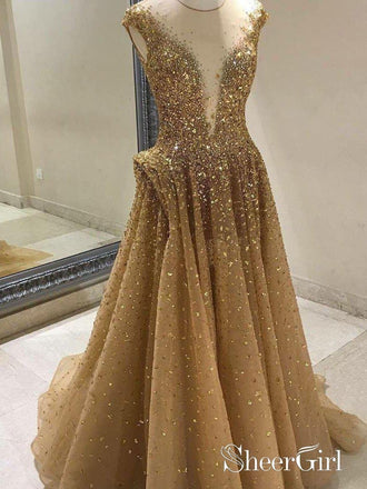 A-line V-neck Tulle with Gold Sequins Beaded Long Prom Dresses APD2798-SheerGirl