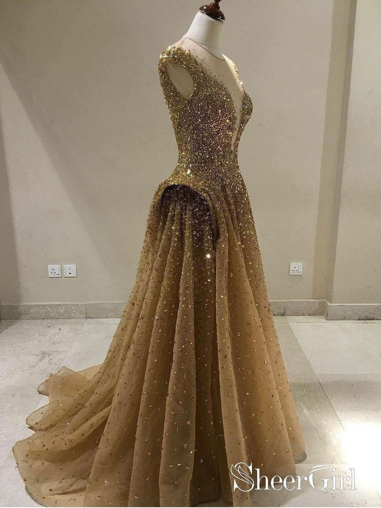 A-line V-neck Tulle with Gold Sequins Beaded Long Prom Dresses APD2798 SheerGirl A-line V-neck Tulle with Gold Sequins Beaded Long Prom Dresses APD2798 SheerGirl