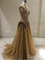 A-line V-neck Tulle with Gold Sequins Beaded Long Prom Dresses APD2798