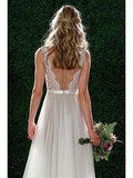 A-line V-neck Vintage Lace Top Tulle Skirt Beach Wedding Dresses APD2879-SheerGirl