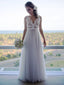 A-line V-neck Vintage Lace Top Tulle Skirt Beach Wedding Dresses APD2879
