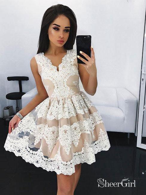 A-line V-neck Vintage Sky Blue Lace Short Homecoming Dresses,apd2649-SheerGirl