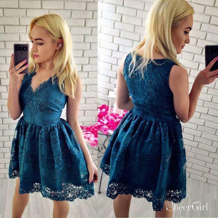 A-line V-neck Vintage Sky Blue Lace Short Homecoming Dresses,apd2649-SheerGirl