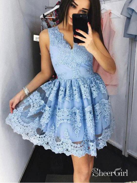 A-line V-neck Vintage Sky Blue Lace Short Homecoming Dresses,apd2649-SheerGirl