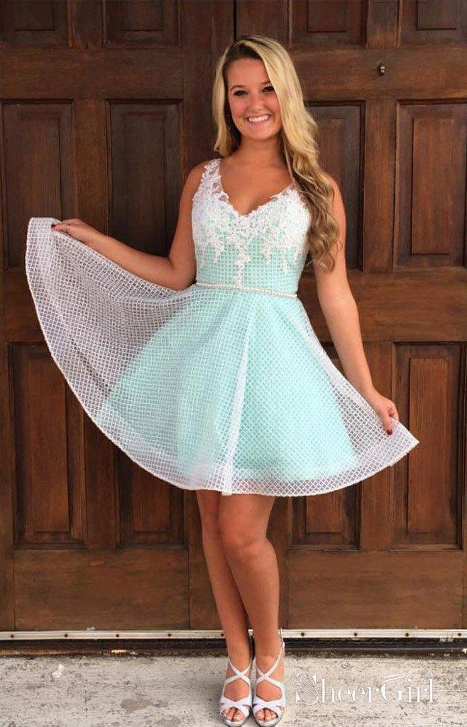 A-Line V-Neck White Fishing Net Lace Short Homecoming Dresses APD2732 A-Line V-Neck White Fishing Net Lace Short Homecoming Dresses APD2732