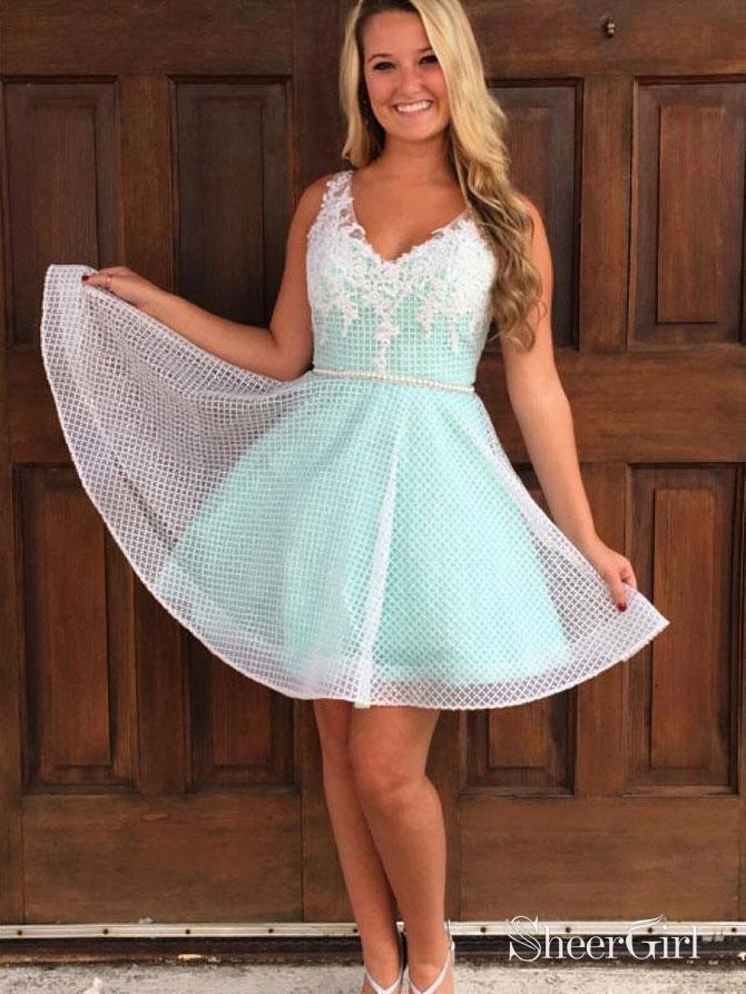 A-line V-neck White Fishing Net Lace Short Homecoming Dresses APD2732 SheerGirl A-line V-neck White Fishing Net Lace Short Homecoming Dresses APD2732 SheerGirl