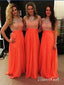 A-line Watermelon Chiffon Long Bridesmaid Dresses,Beaded Prom Dresses APD2845