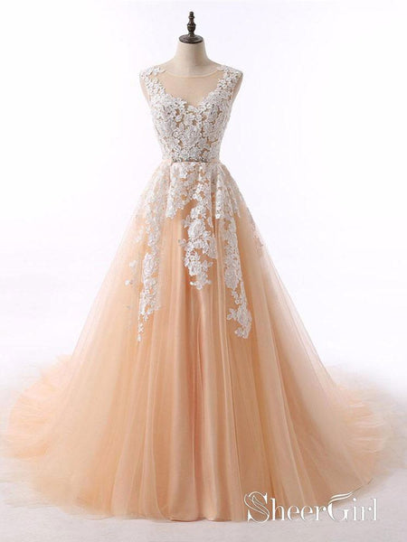 A-Line White Lace Appliqued See-Through Long Prom Dresses APD2990