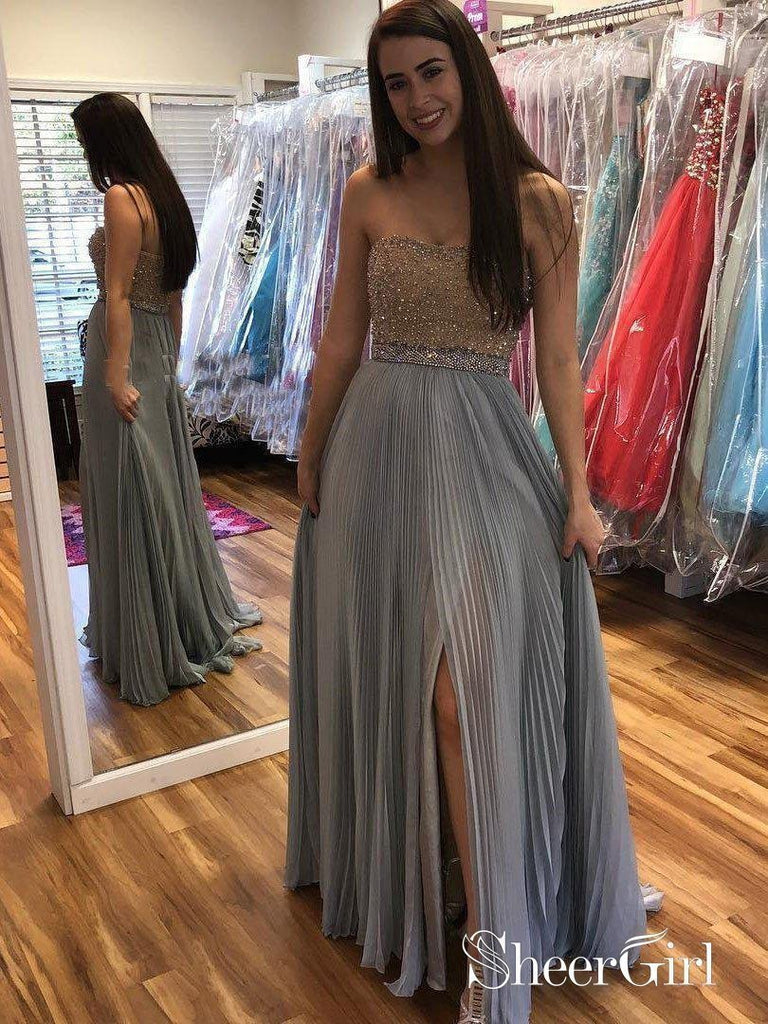 A-line/Princess Beaded Bodice Strapless Long Prom Dresses with Split APD3036-SheerGirl