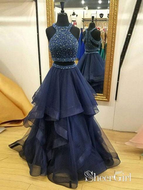 two piece princess dress Beaded Red Tulle Two-piece Mermaid Long Prom Dress