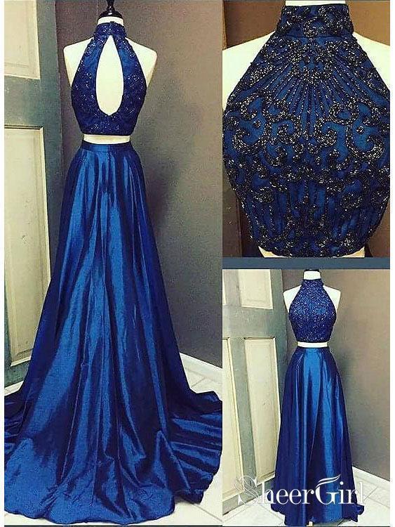 A-line/Princess Halter High Neck Beaded Two Piece Prom Dresses APD3037 A-line/Princess Halter High Neck Beaded Two Piece Prom Dresses APD3037