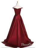 A-line/Princess Off the Shoulder Burgundy Long Prom Dresses APD3111-SheerGirl