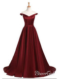 A-line/Princess Off the Shoulder Burgundy Long Prom Dresses APD3111-SheerGirl