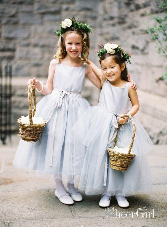 Ankle Length Cheap Tulle Silver Flower Girl Dresses with Sash ARD1458-SheerGirl