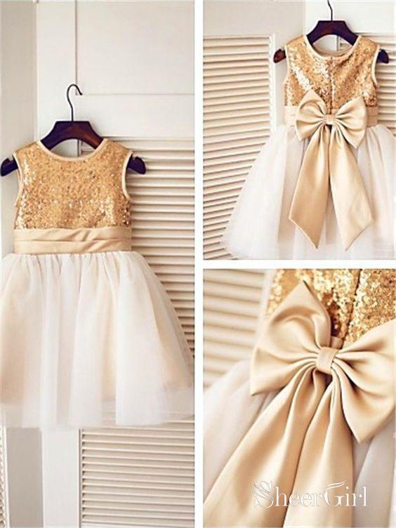Ankle Length Golden Sequin Cute Flower Girl Dresses with Bow-knot on the Back ARD1220-SheerGirl