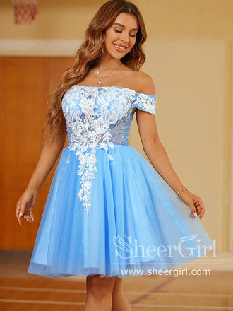 Light Blue Floral Lace A Line Prom Dresses Off the Shoulder Ruffled Lo –  SheerGirl