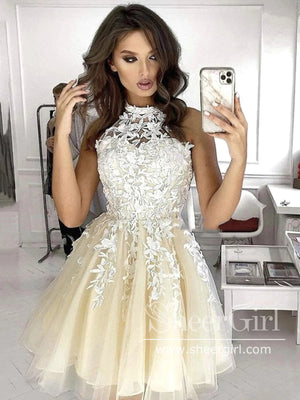Backless Homecoming Dress Halter Neck Appliqued Short Prom Dress ARD2786-SheerGirl