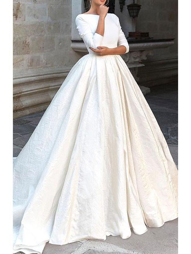 Backless Long Sleeve Ivory Wedding Dresses Modest 3/4 Sleeve Wedding Gowns AWD1136-SheerGirl