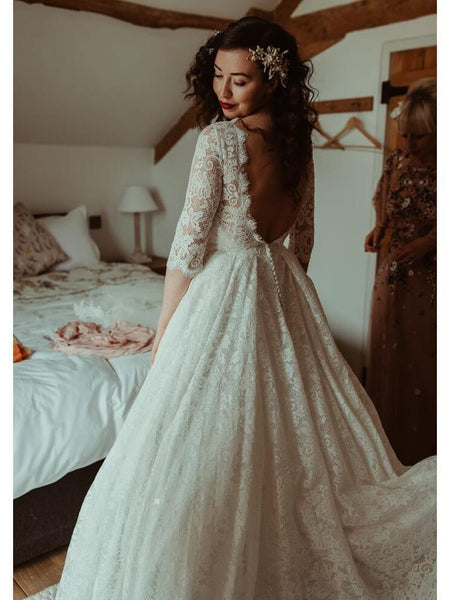 Backless Modest Vintage Lace Ball Gown Wedding Dresses with Sleeves AWD1310 Backless Modest Vintage Lace Ball Gown Wedding Dresses with Sleeves AWD1310