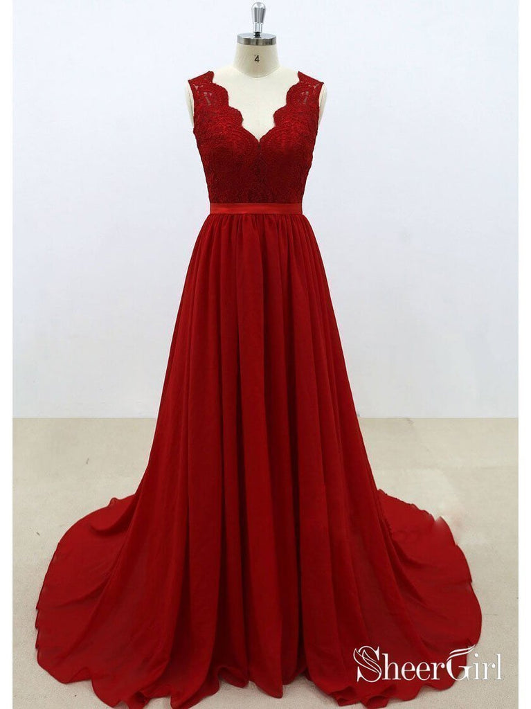 Backless Red Simple Long Prom Dresses with Lace Bodice ARD1943 Backless Red Simple Long Prom Dresses with Lace Bodice ARD1943