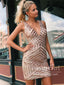 Backless Sequin Short Prom Dress V Neck Champagne Gold Sheath Homecoming Dresses ARD2819
