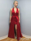 Backless Sexy Prom Dresses Red Halter Cheap Formal Evening Dress with Slit APD3309