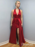 Backless Sexy Prom Dresses Red Halter Cheap Formal Evening Dress with Slit APD3309-SheerGirl