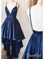 Backless Spaghetti Strap Navy Blue Simple Satin High Low Prom Dresses ARD1534