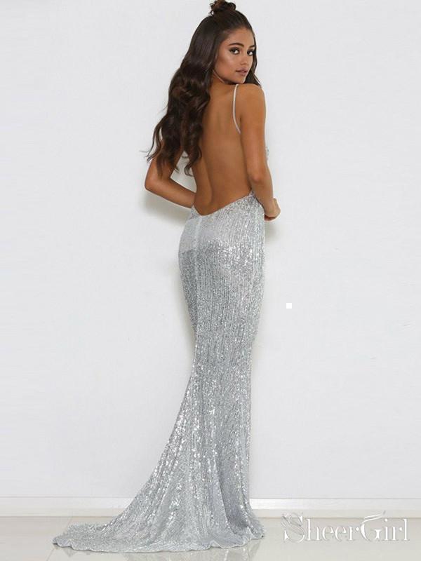 Full Length Silver Sequins V-Neck Evening Gown Prom Dress
