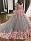 Společenské šaty Šedý tyl s růžovou krajkou Aplikované dlouhé rukávy Šaty Quinceanera APD2719