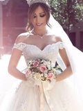 Ball Gown Off the Shoulder Lace Appliqued Wedding Dresses with Sweep Train SWD0037-SheerGirl