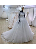 Ball Gown Scoop Neck Tulle Lace Appliqued Bridal Wedding Dresses with Long Sleeves,apd2672-SheerGirl