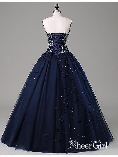 Ball Gown Strapless Beaded Navy Tulle Long Pageant Dresses APD3041-SheerGirl
