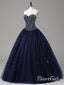 Ball Gown Strapless Beaded Navy Tulle Long Pageant Dresses APD3041