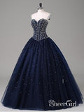 Ball Gown Strapless Beaded Navy Tulle Long Pageant Dresses APD3041-SheerGirl